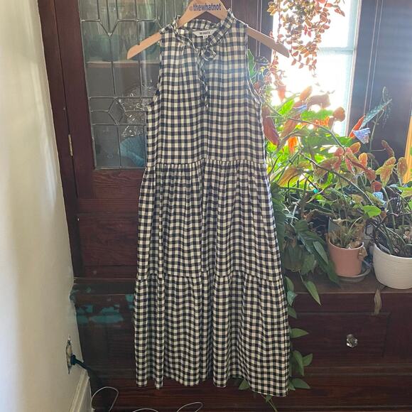 BB Dakota Gingham Tiered Midi Dress XS Black Sleeveless Peasant Cottage Bohochic - Picture 7 of 17